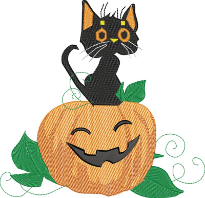 Cat on pumpkin-Halloween, cat, pumpkin, holiday, machine embroidery